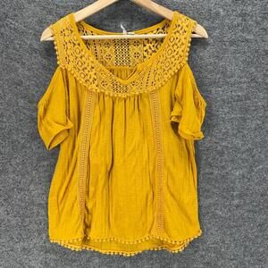 Cato Blouse Women M Medium Orange Crochet Cold Shoulder Short Sleeve V-Neck